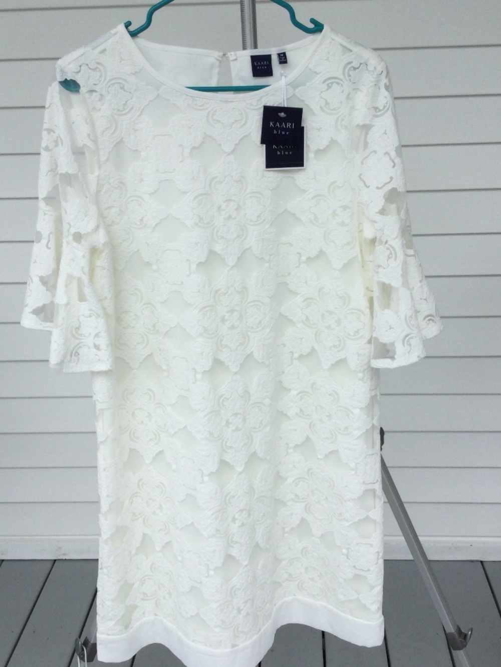 Kaari Blue White Lace Dress, Size Medium, Roomy Fit.  NWT